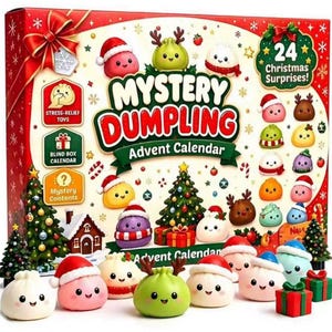 May include: A rectangular Mystery Dumpling Advent Calendar box featuring 24 Christmas surprises. The box displays colourful cartoon dumplings with festive accessories like Santa hats and reindeer antlers, alongside Christmas trees and gift boxes.