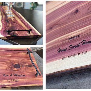 Personalizable Charcuterie Board, Live Edge Red Cedar, Custom With Handles, Housewarming/Wedding/Anniversary Gift, Valentine&#39;s Day, Fathers