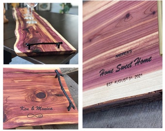 Personalizable Charcuterie Board, Live Edge Red Cedar, Custom With Handles, Housewarming/Wedding/Anniversary Gift, Valentine's Day, Fathers