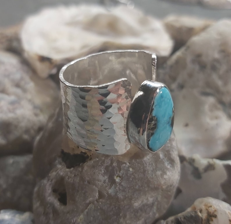 Handmade hammered sterling silver and turquoise wide band statement ring