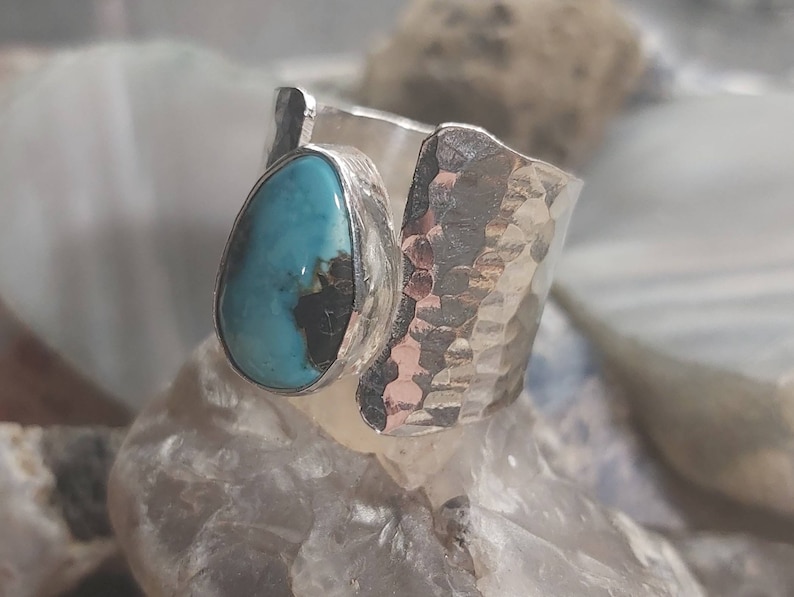 Handmade hammered sterling silver and turquoise wide band statement ring