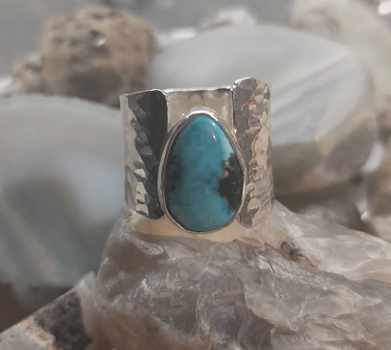 Handmade hammered sterling silver and turquoise wide band statement ring