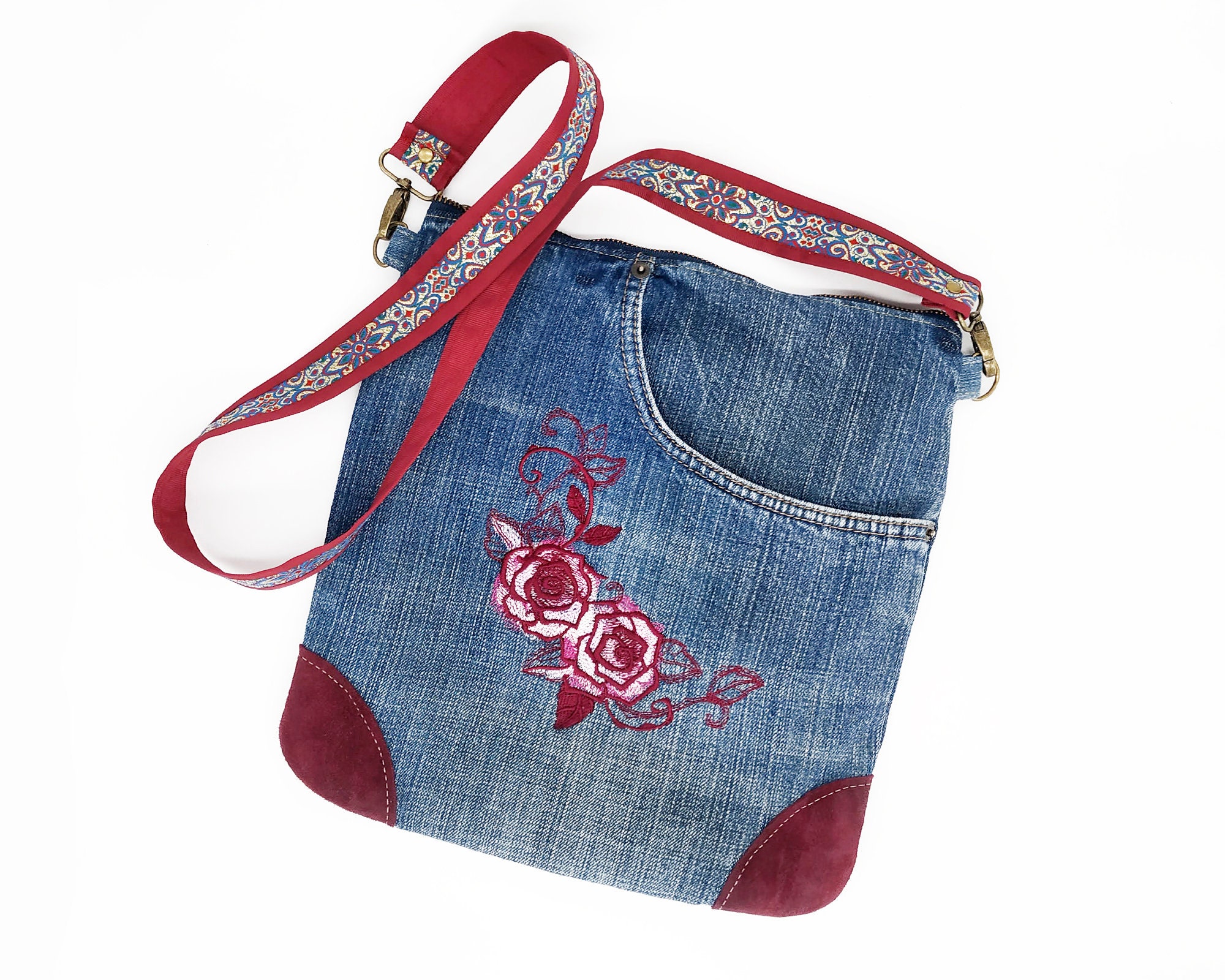 Denim crossbody bag messenger cross body bag with embroidered Etsy