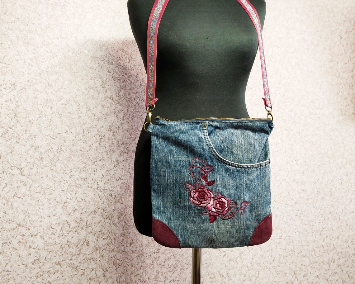 Denim crossbody bag messenger cross body bag with embroidered Etsy