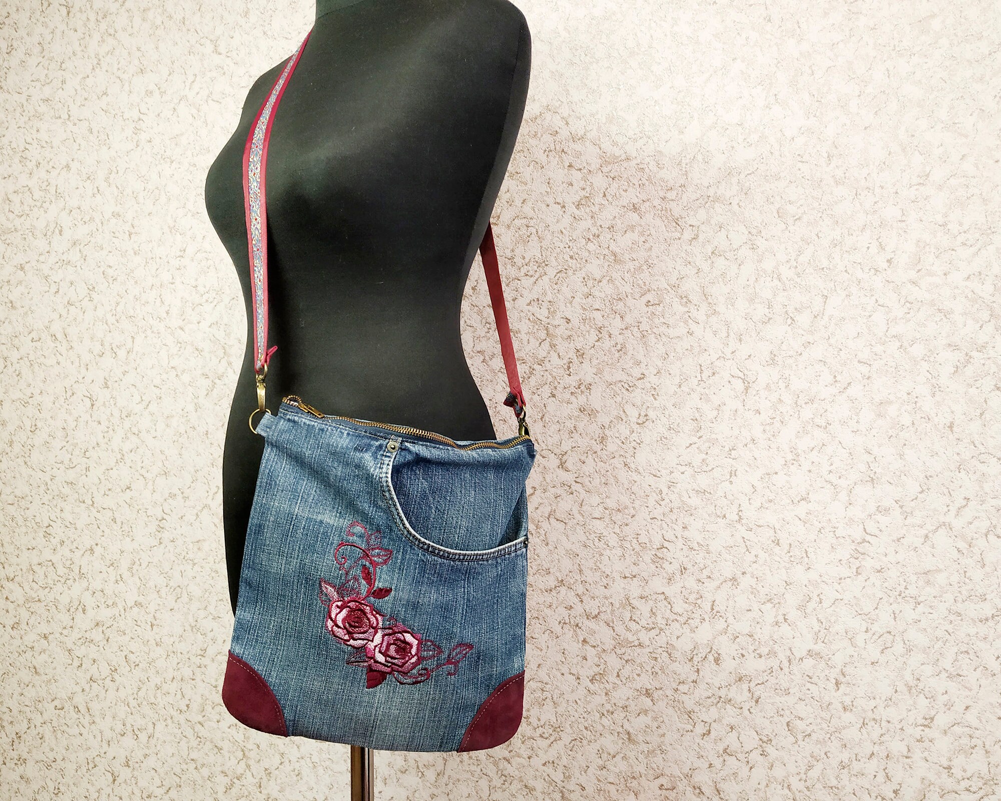 Denim crossbody bag messenger cross body bag with embroidered Etsy
