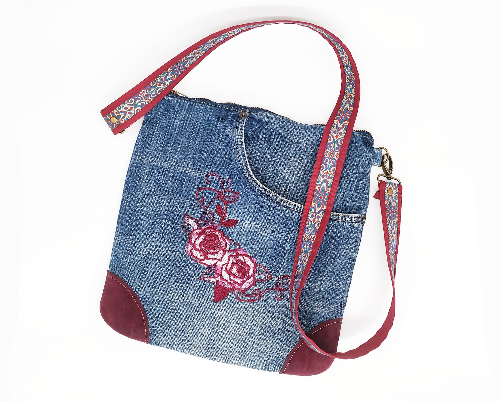 Denim crossbody bag messenger cross body bag with embroidered Etsy