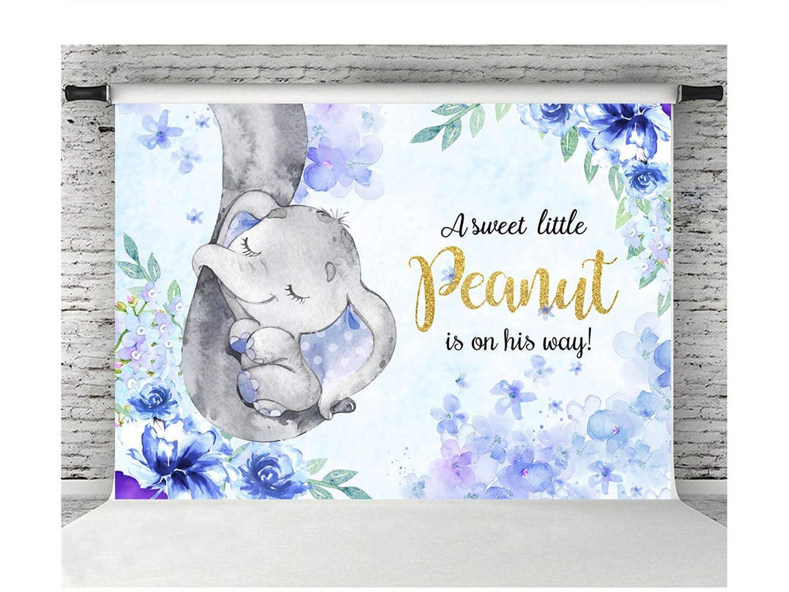 Boy Elephant Baby Shower Backdrop Watercolor Blue Floral Baby Etsy