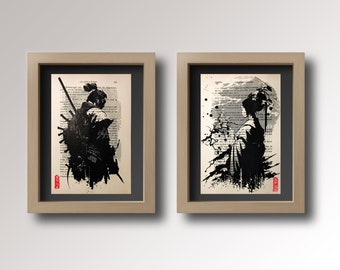 Serigrafie giapponesi artigianali di piccoli samurai e geisha - timbrate e numerate