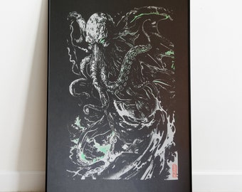 Cthulhu - Sérigraphie Artisanale - Estampe japonaise - Lovecraft - Limité à 24 exemplaires tamponnés et numérotés - Art mural Screenprint