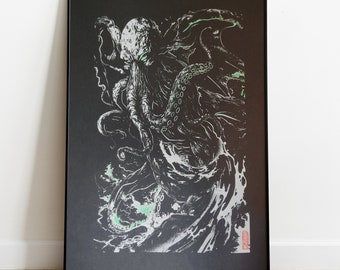 Serigraphie Artisanale style estampe japonaise Neon Cthulhu - Serie limitée à 24 exemplaires tamponnés et numérotés