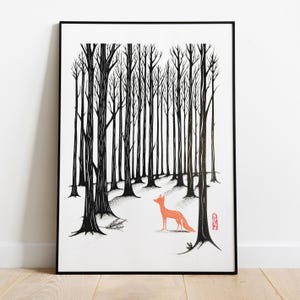 Zorro en el bosque - Serigrafía artesanal: Ilustración moderna - Edición limitada de 19 - Serigrafía - Arte para pared