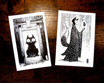 Mini handgedrukte zeefdruk - Zwarte kat / Kitsune | Ansichtkaart | Handgedrukt | Set van 2 | Japanse Tori Maneki Neko - Vos