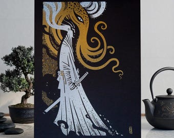 Samurai e Cthulhu – Serigrafia in edizione limitata - Lovecraft, Dark Fantasy giapponese, Arte murale minimalista, Illustrazione di polpo, Tentacolo