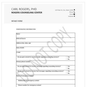 Demographic Intake form for Mental Health Professionals Template Digital Download