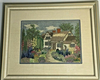 Vintage Crewelwork Embroidery Victorian House in 21x17 Frame Signed E.Sutton 1960