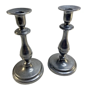 Pair Pewter Candlestick Holder Colonial Design Farmhouse 9 inch