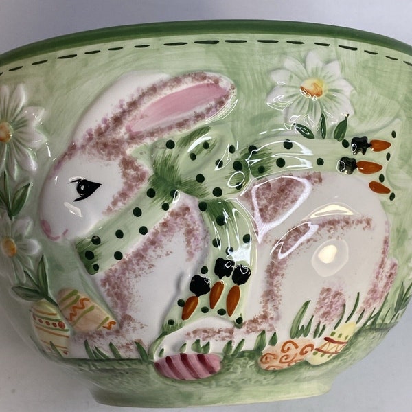 Diane Knott LMI Inc Easter Bunny Rabbit Bowl Serving Large Deep Green Pink 8 in