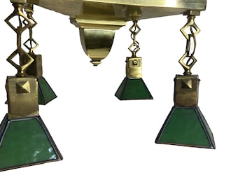 Antique Tungstolier 4 Light Brass Chandelier Mission Arts Craft Green Slag Glass