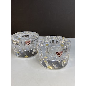 Pair Orrefors Sweden Crystal Round Candle Holders Signed sp Sven Palmqvist 1960s