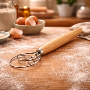 Danish wooden and stainless steel whisk – Handy kitchen whisk for stirring sauces, dough and porridge – Sustainable kitchen tool