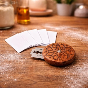 Könnte beinhalten: Eine runde Rasierseifenschale aus Holz mit floralem Muster, eine silberne Rasierklinge und mehrere weiße Seifenpapiere liegen auf einer Holzoberfläche. Die Schale ist braun. Der Hintergrund umfasst ein Glas und ein Glas.