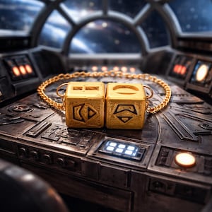 Könnte beinhalten: Zwei goldfarbene Würfelanhänger, verbunden durch eine goldene Kette. Jeder Anhänger zeigt ein eingraviertes Symbol. Sie liegen auf einer metallischen Konsole mit beleuchteten Knöpfen, vor einem Raumschiff-Cockpitfenster.