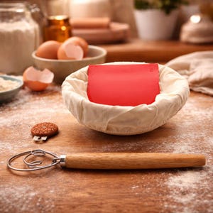 Può includere: Una frusta per impasto con manico in legno e una spatola rossa poggiano su una superficie di legno cosparsa di farina. Un cestino di lievitazione foderato di tessuto bianco contiene la spatola. Uova e farina sullo sfondo, che suggeriscono la cottura.