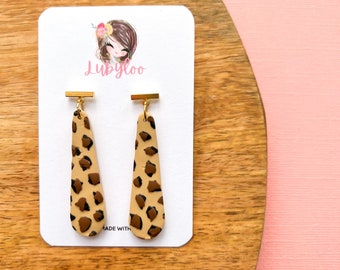 Beautiful leopard print gold bar dangle polymer clay earrings