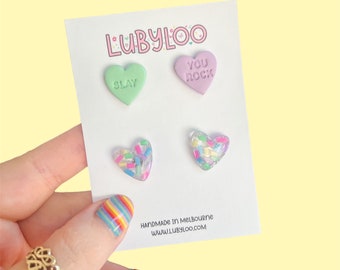 Cute Valentine’s Day conversation heart and sprinkle resin heart stud pack