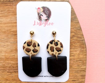 Modern leopard print black detail lightweight polymer clay dangle earrings