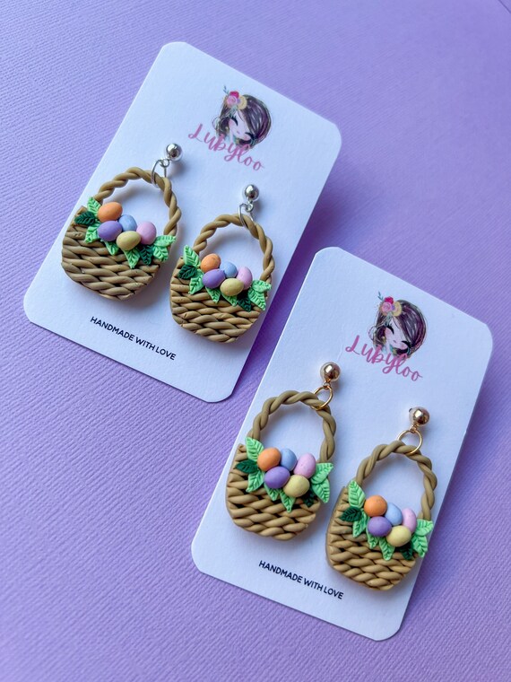 Pretty Detailed Polymer Clay Easter Egg Basket Dangle Earrings Etsy