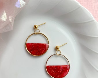 Pink and red faux stone polymer clay and gold bezel dangles