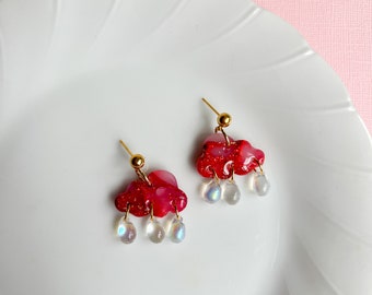 Pink and red faux stone polymer clay and gold cloud holographic dangles