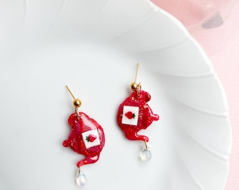 Pink and red faux stone polymer clay strawberry tea teapot holographic dangles