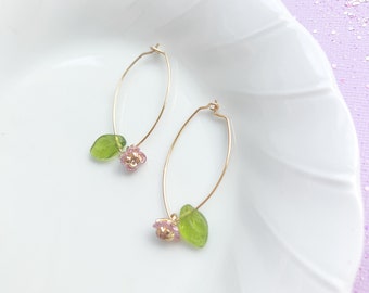 Beautiful fairy garden glass bead pink floral dangle earrings