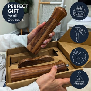 perfect gift for all occasions, acacia wood salt and pepper grinder with tray holder