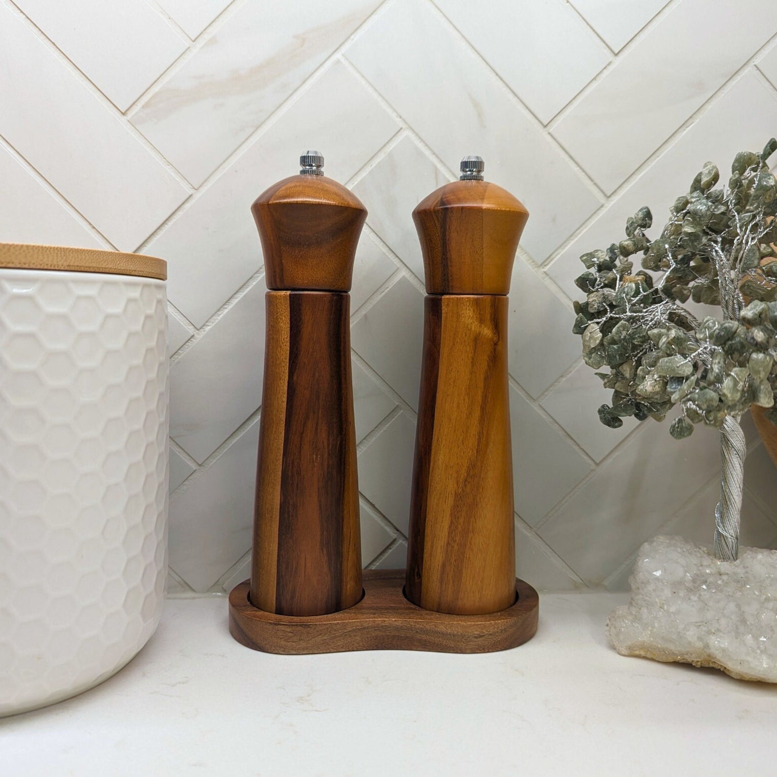 Acacia Wood Salt and Pepper Grinder Set with Tray, 100% Plastic Free, Adjustable Coarseness, Stainless Steel, Great Gift, 8" Set