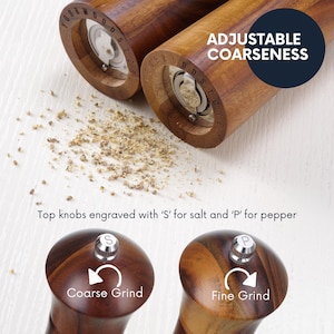 acacia wood salt and pepper grinder with tray holder, adjustable coarseness, top knobs engraved with 'S' for salt and 'P' for pepper