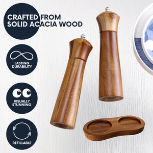 acacia wood salt and pepper grinder with tray holder, crafted from solid acacia wood, lasting durability, visually stunning, refillable