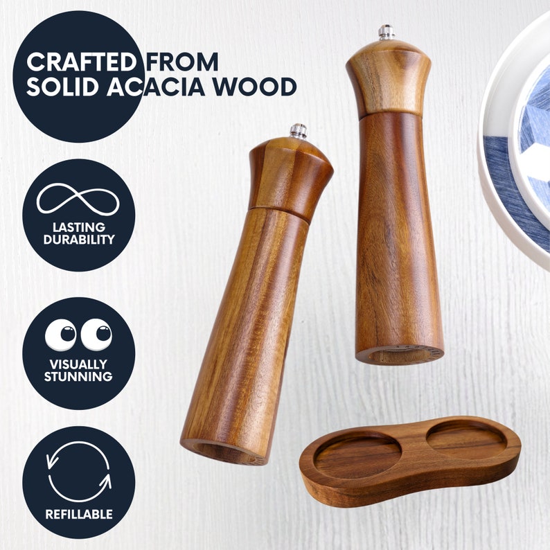 acacia wood salt and pepper grinder with tray holder, crafted from solid acacia wood, lasting durability, visually stunning, refillable