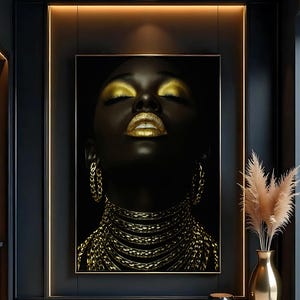 Black Woman Gold Wall Art Print, Afrocentric Glam Portrait, Fashion Beauty Digital Download, Melanin Queen Home Decor