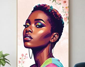 Afrocentric Black Woman Portrait: Colorful Floral Art (Digital Download)