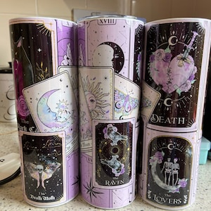 Vaso de 20 oz con diseño de cartas del Tarot de brujas, estrellas y fases lunares - Taza de viaje - Botella de agua - Vaso de metal celestial con tapa -
