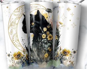Witchy Black Cat Sterne und Mondphasen 20 Unzen Becher - Reisebecher - Wasserflasche - Celestial Metal Becher mit Deckel -