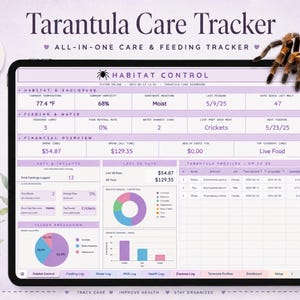 May include: A digital tarantula care tracker on a tablet, with sections for habitat, feeding, and finances. The interface includes customizable colours and tabs. Text includes "Tarantula Care Tracker" and "Instant Download". Measurements are in Fahrenheit.