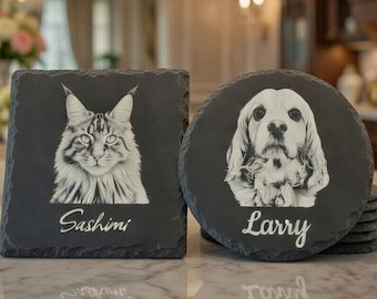 Personalized Pet Portrait Slate Coaster, Custom Engraved Pet Photo Keepsake