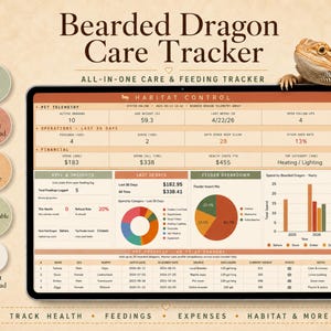Op de afbeelding: Een digitale Bearded Dragon Care Tracker op een tablet, met een gedetailleerd zorg- en voedingslogboek. Het scherm toont gegevens over telemetrie van huisdieren, operaties en financiën, met grafieken en diagrammen. De tekst bevat "Gezondheid, voedingen, uitgaven, habitat & meer volgen."