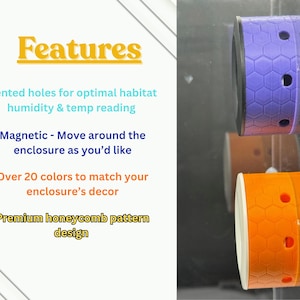 May include: A close-up of three colorful, magnetic enclosure accessories. The accessories have a honeycomb pattern and vented holes. The text on the left side of the image says "Features", and lists the product's features.