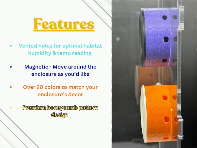 May include: A close-up of three colorful, magnetic enclosure accessories. The accessories have a honeycomb pattern and vented holes. The text on the left side of the image says "Features", and lists the product's features.