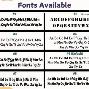 May include: A graphic showcasing eight different font styles, each displayed with the alphabet in both uppercase and lowercase letters. The text "Fonts Available" is at the top. Font styles vary in design, from simple to more decorative.